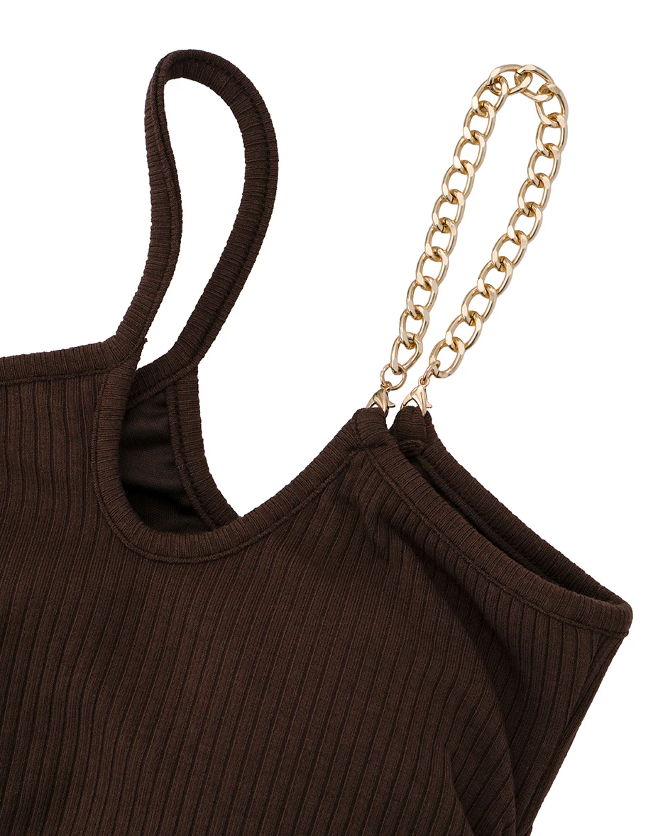 Asymmetric One Shoulder Cut Out Chain Strap Ruched Ribbed Padded Bra Top