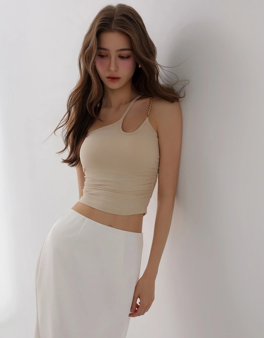 Asymmetric One Shoulder Cut Out Chain Strap Ruched Ribbed Padded Bra Top