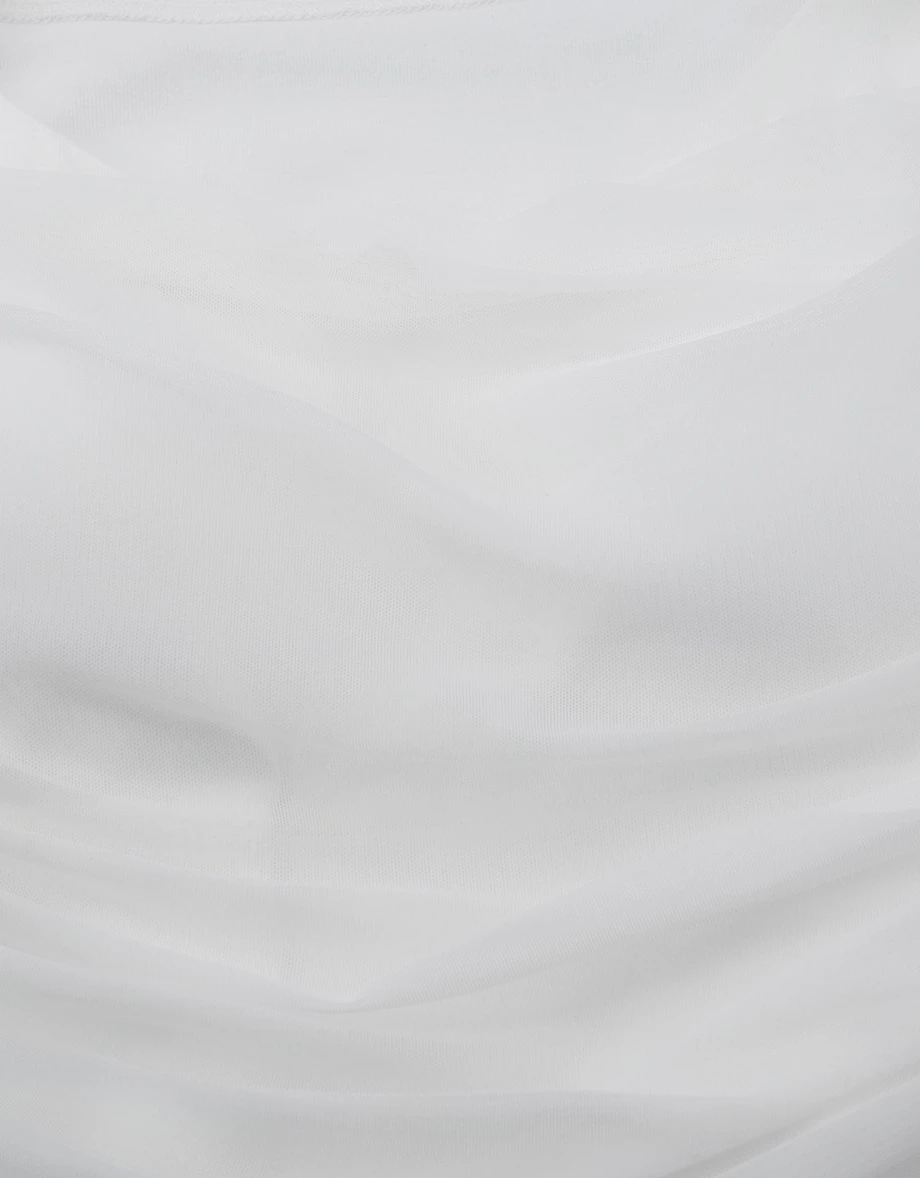一字領細肩帶抓皺網紗不對稱下擺短袖BRA TOP
