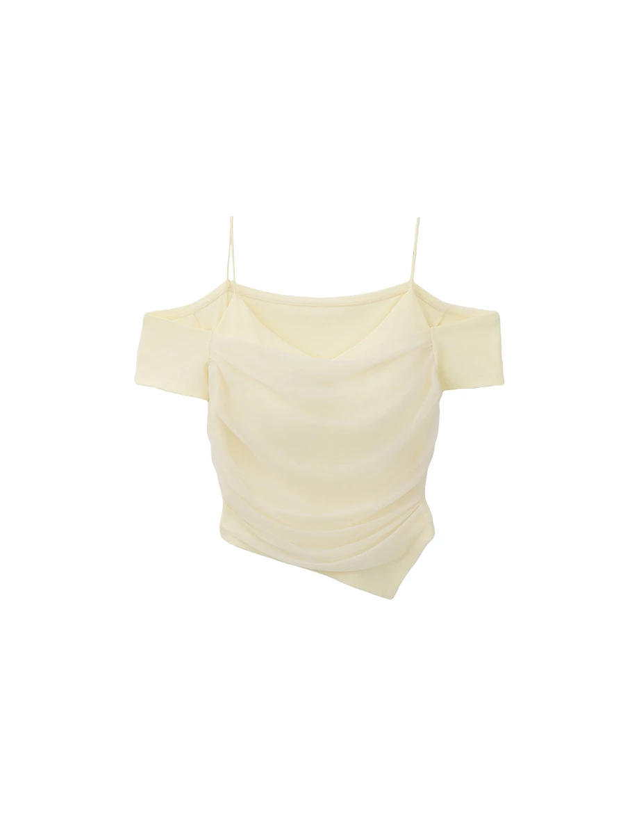 Asymmetric Pointed Hem Mesh Overlay Ruched Off Shoulder Padded Bra Top