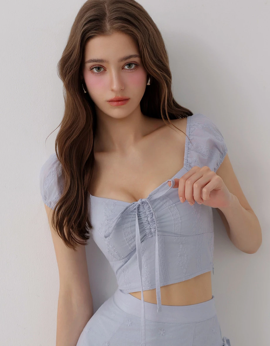 Floral Embroidered Front Tie Ruched Puff Sleeve Padded Bra Top Floral Embroidered Front Tie Ruched Puff Sleeve Padded Bra Top