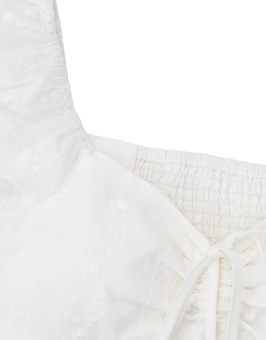 Floral Embroidered Front Tie Ruched Puff Sleeve Padded Bra Top Floral Embroidered Front Tie Ruched Puff Sleeve Padded Bra Top