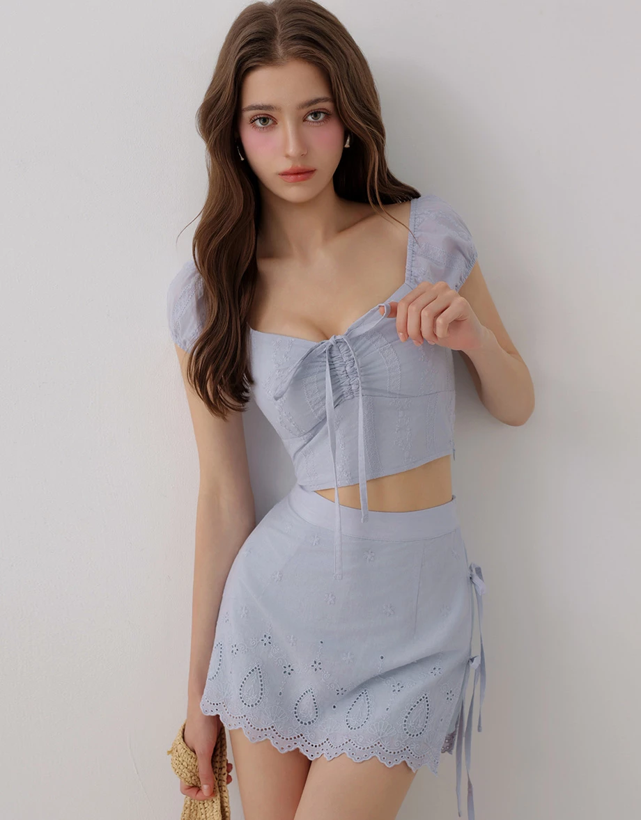 Floral Embroidered Front Tie Ruched Puff Sleeve Padded Bra Top Floral Embroidered Front Tie Ruched Puff Sleeve Padded Bra Top