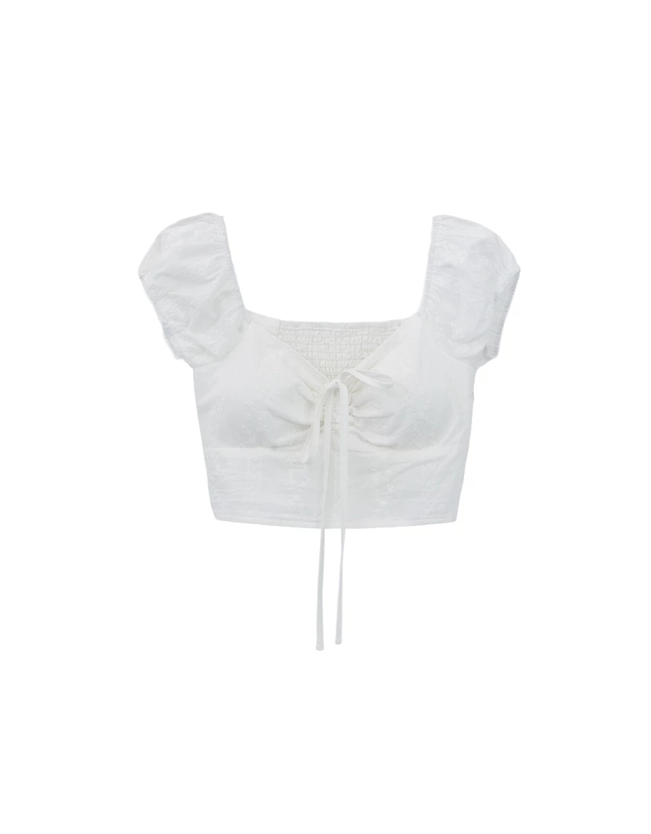Floral Embroidered Front Tie Ruched Puff Sleeve Padded Bra Top