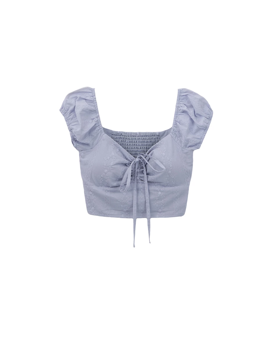 Floral Embroidered Front Tie Ruched Puff Sleeve Padded Bra Top