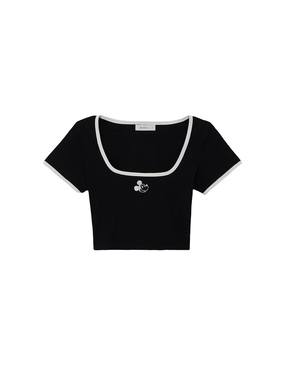 【迪士尼系列】米奇款刺繡小圖方領撞色滾邊短袖短版 TEE