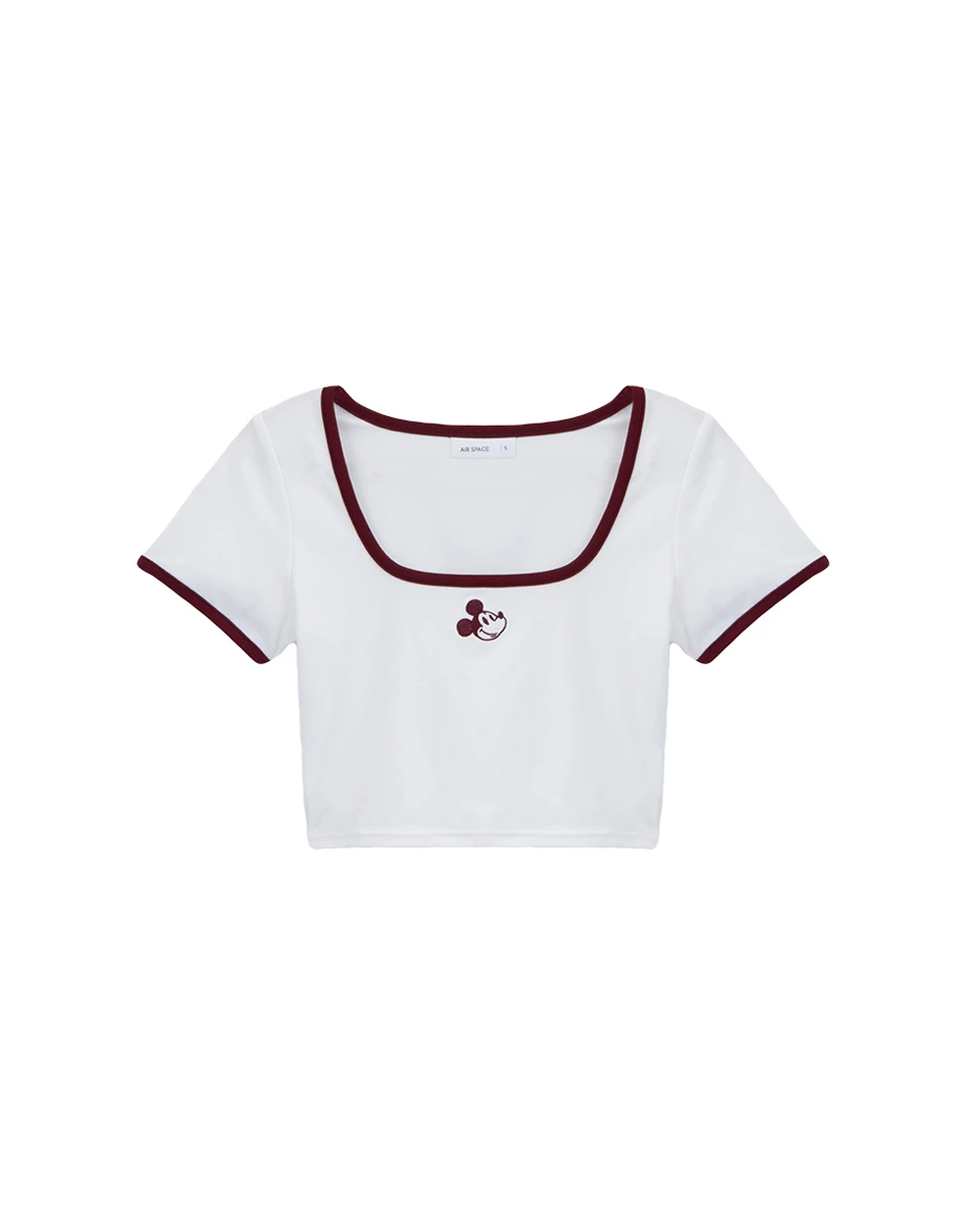 【迪士尼系列】米奇款刺繡小圖方領撞色滾邊短袖短版 TEE