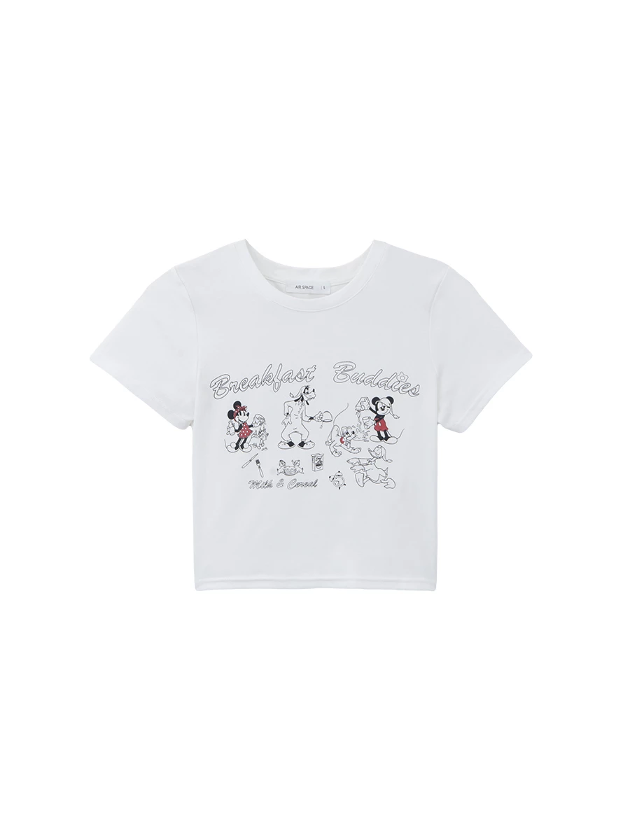 【迪士尼系列】復古印花圖文圓領短袖短版 TEE