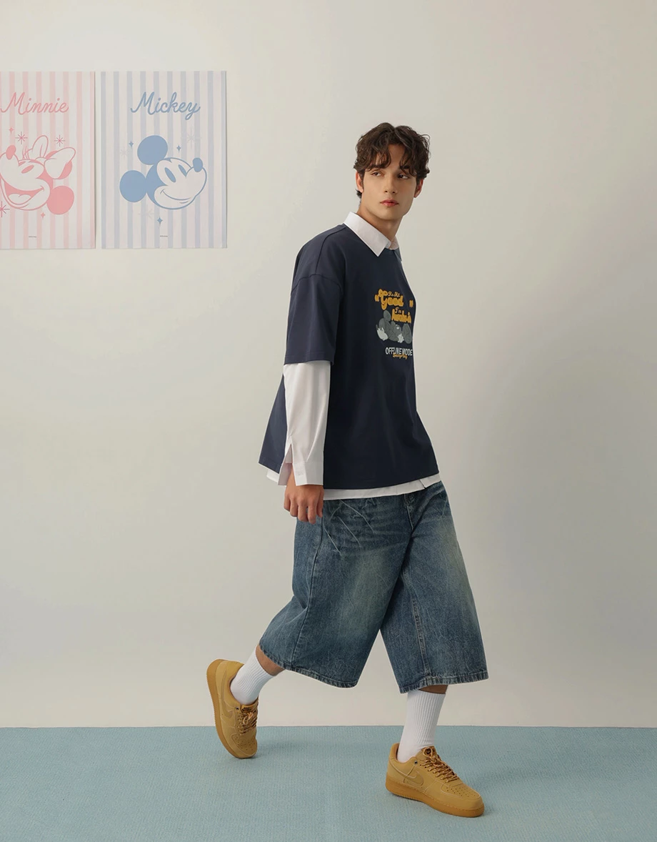 【迪士尼系列】米奇款刺繡圖案圓領短袖寬版TEE(男款)