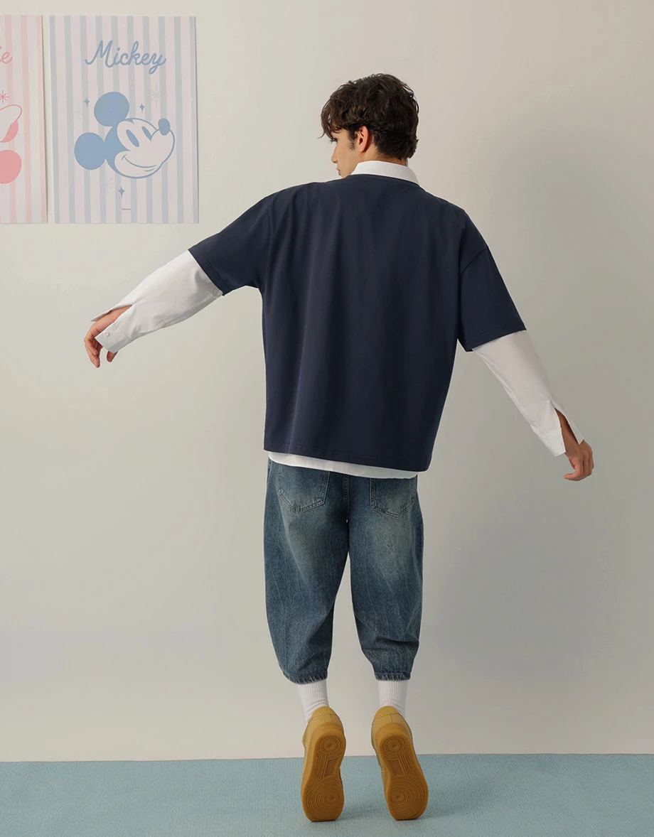 【迪士尼系列】米奇款刺繡圖案圓領短袖寬版TEE(男款)