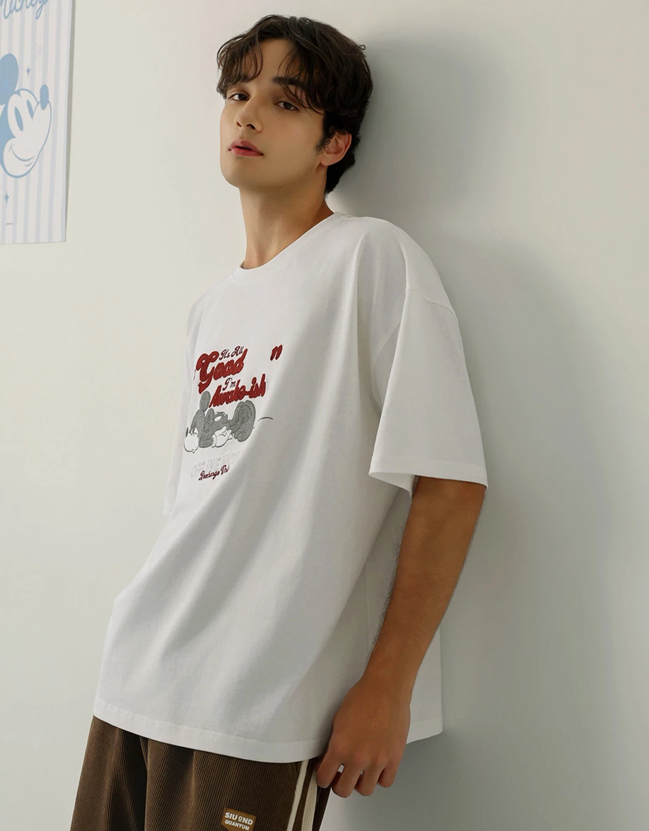 【迪士尼系列】米奇款刺繡圖案圓領短袖寬版TEE(男款)