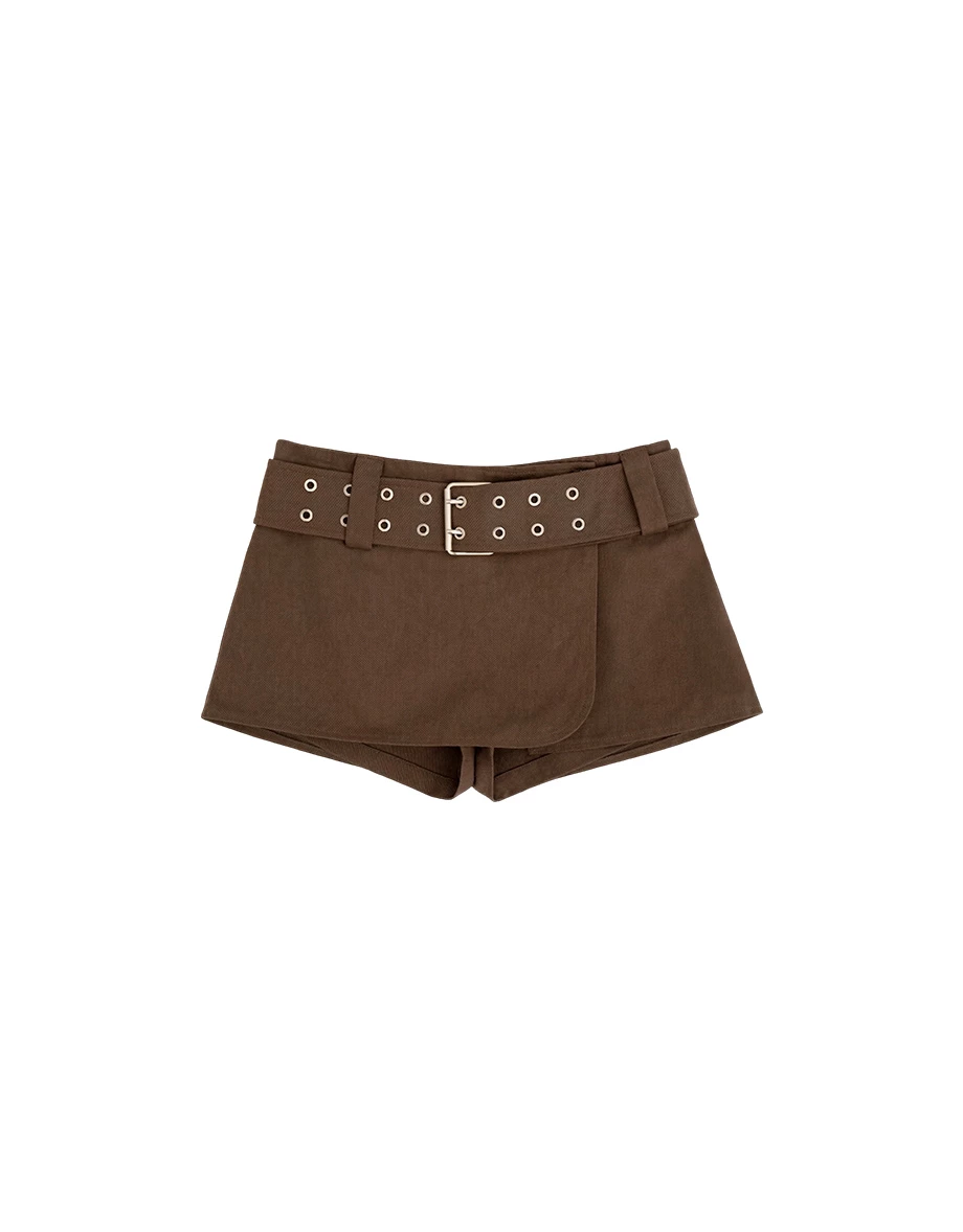 低腰一片式斜紋短裙(附腰帶)