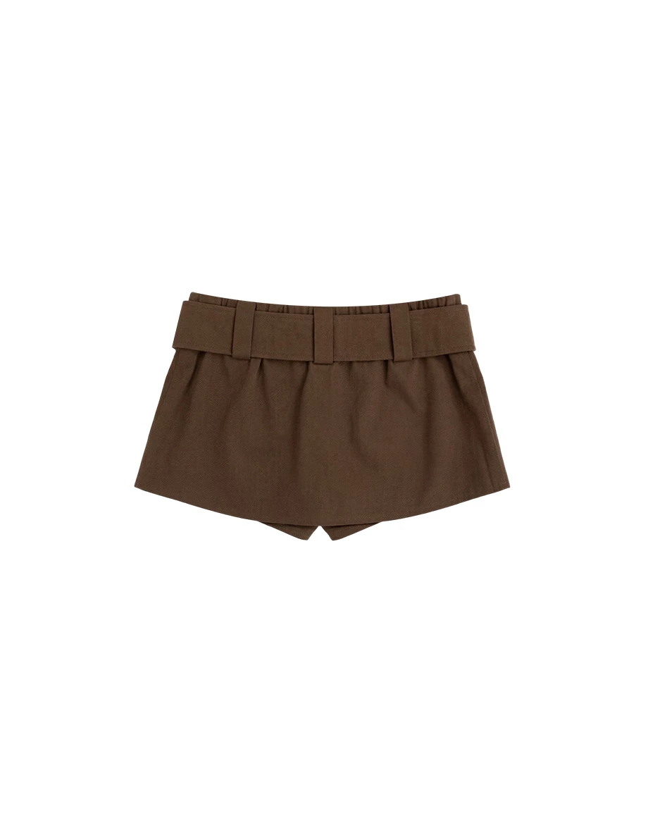 低腰一片式斜紋短裙(附腰帶)