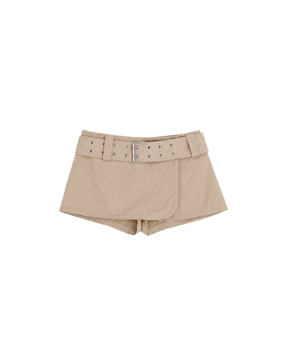 低腰一片式斜紋短裙(附腰帶)