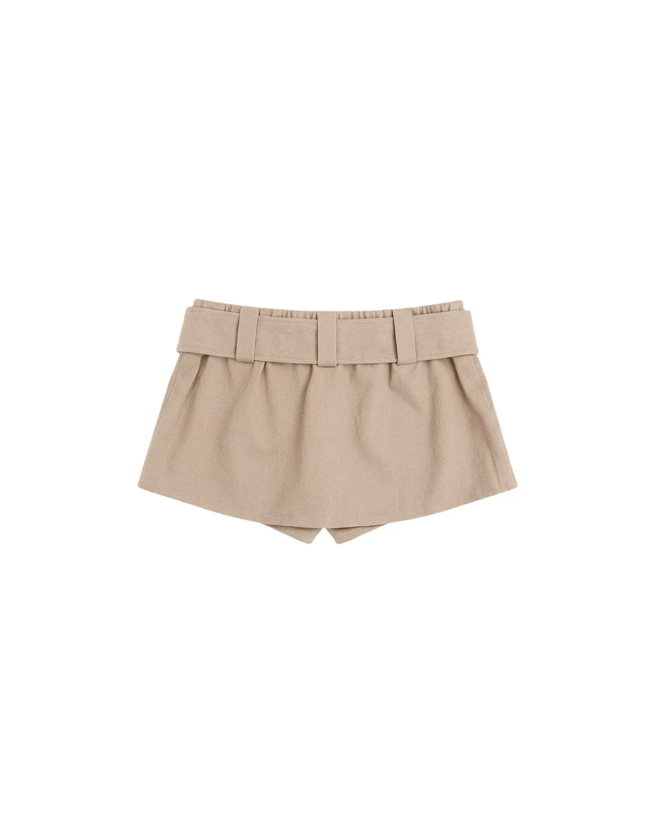 低腰一片式斜紋短裙(附腰帶)