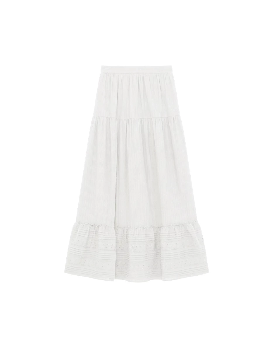 側開衩線條織紋拼接刺繡蕾絲蛋糕長裙