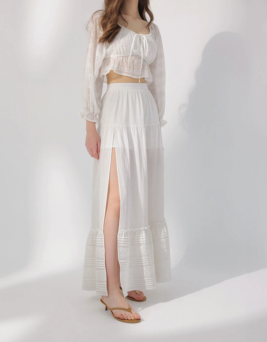 側開衩線條織紋拼接刺繡蕾絲蛋糕長裙