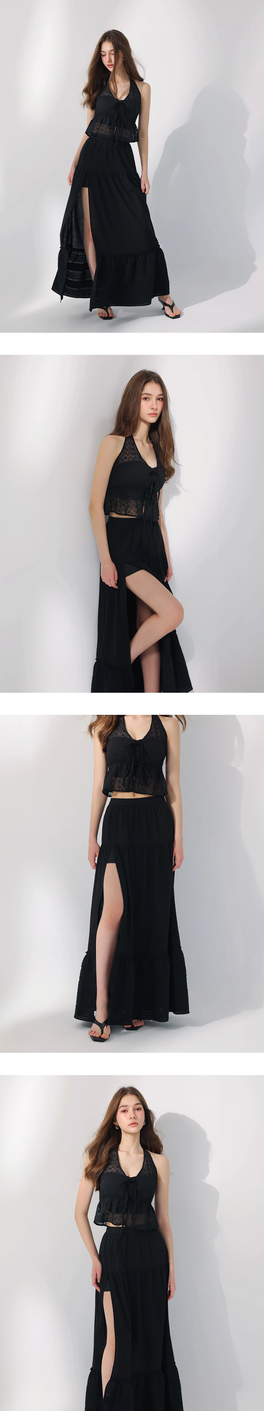 側開衩線條織紋拼接刺繡蕾絲蛋糕長裙