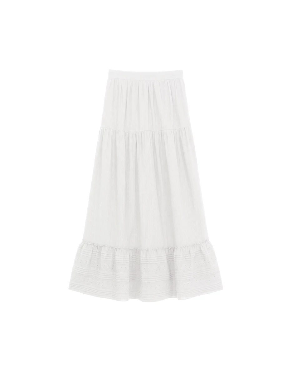 側開衩線條織紋拼接刺繡蕾絲蛋糕長裙