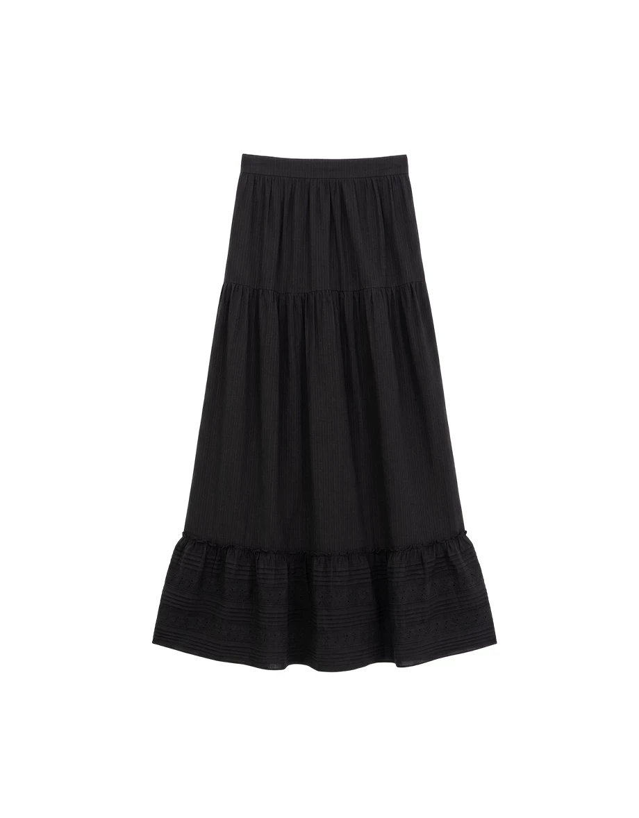 側開衩線條織紋拼接刺繡蕾絲蛋糕長裙