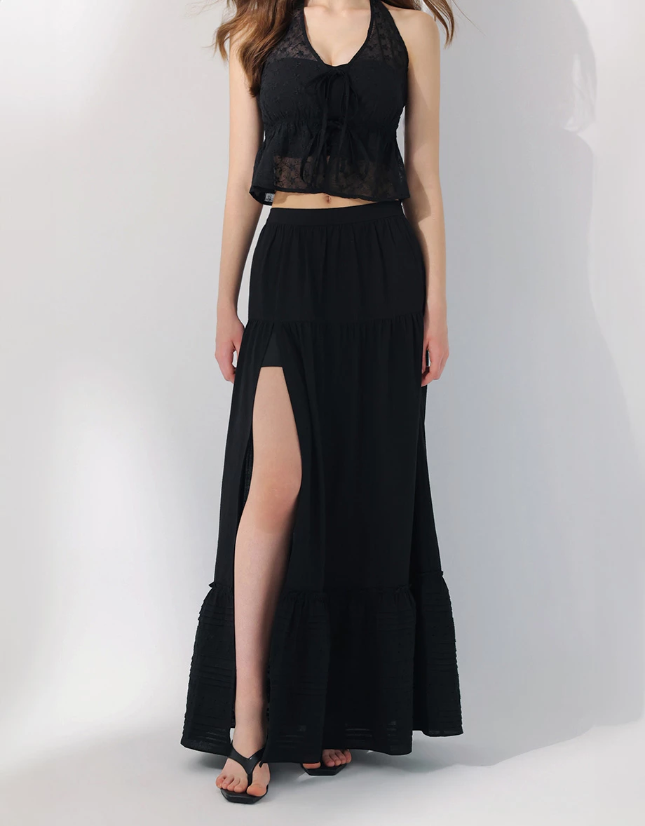 側開衩線條織紋拼接刺繡蕾絲蛋糕長裙