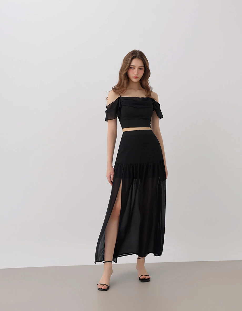 Flowy Sheer Chiffon Layered High Slit Maxi Skirt Flowy Sheer Chiffon Layered High Slit Maxi Skirt
