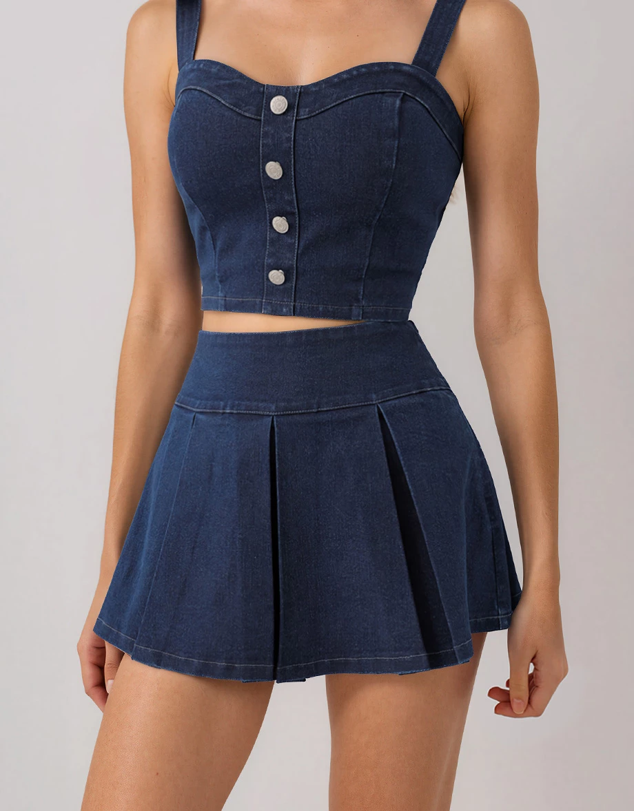 AIRY HOURGLASS Wide Waistband Pleated A Line Jeans Denim Mini Skirt