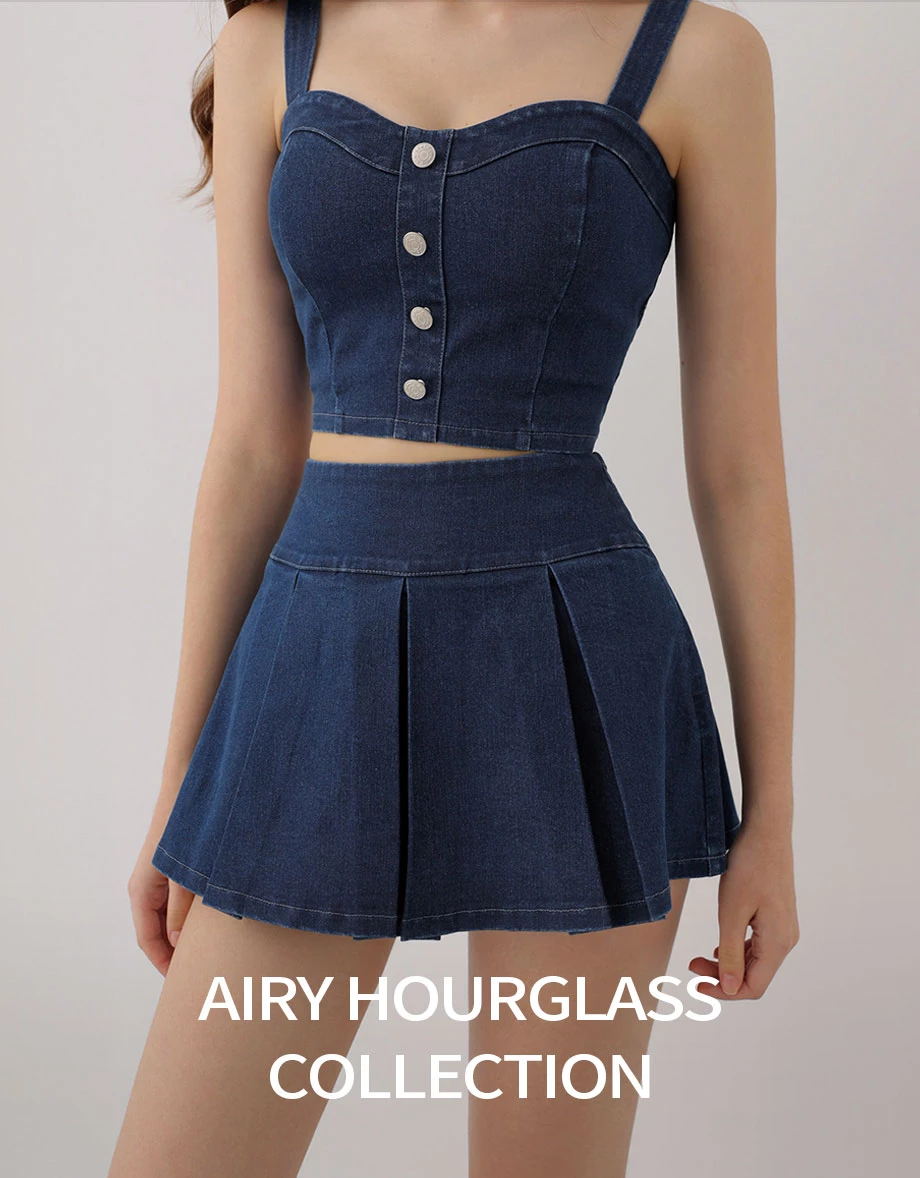 AIRY HOURGLASS Wide Waistband Pleated A Line Jeans Denim Mini Skirt AIRY HOURGLASS Wide Waistband Pleated A Line Jeans Denim Mini Skirt