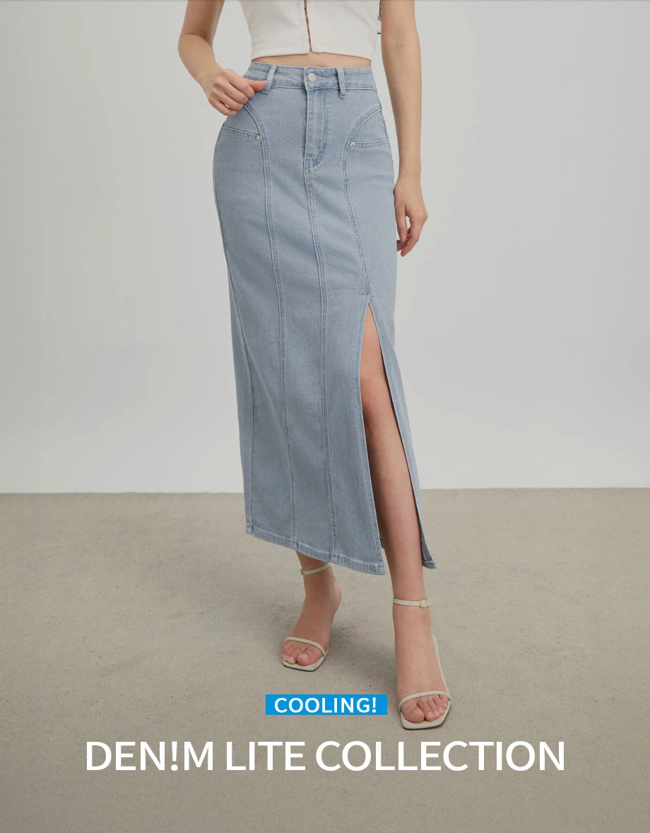 Cooling Fabric Asymmetrical Side Slit Paneled Jeans Denim Maxi Skirt