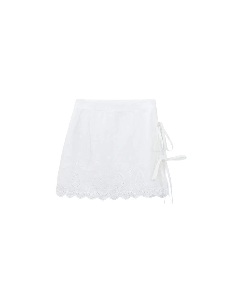 Side Tie Up Scallop Hem Eyelet Floral Embroidered A Line Mini Skirt