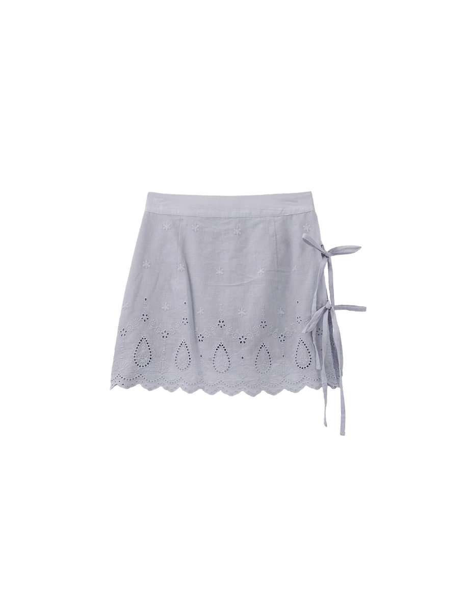 Side Tie Up Scallop Hem Eyelet Floral Embroidered A Line Mini Skirt Side Tie Up Scallop Hem Eyelet Floral Embroidered A Line Mini Skirt