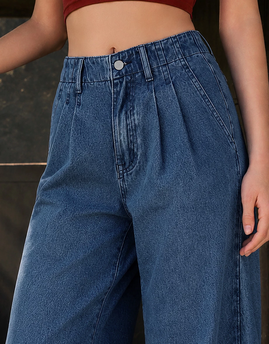 【Den!m LITE】Elastic Back High Waist Pleated Wide Leg Jeans Denim Pants