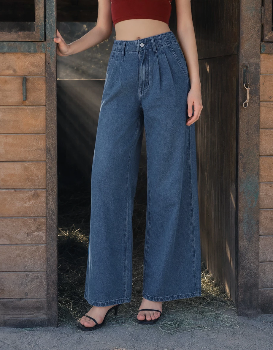 【Den!m LITE】Elastic Back High Waist Pleated Wide Leg Jeans Denim Pants