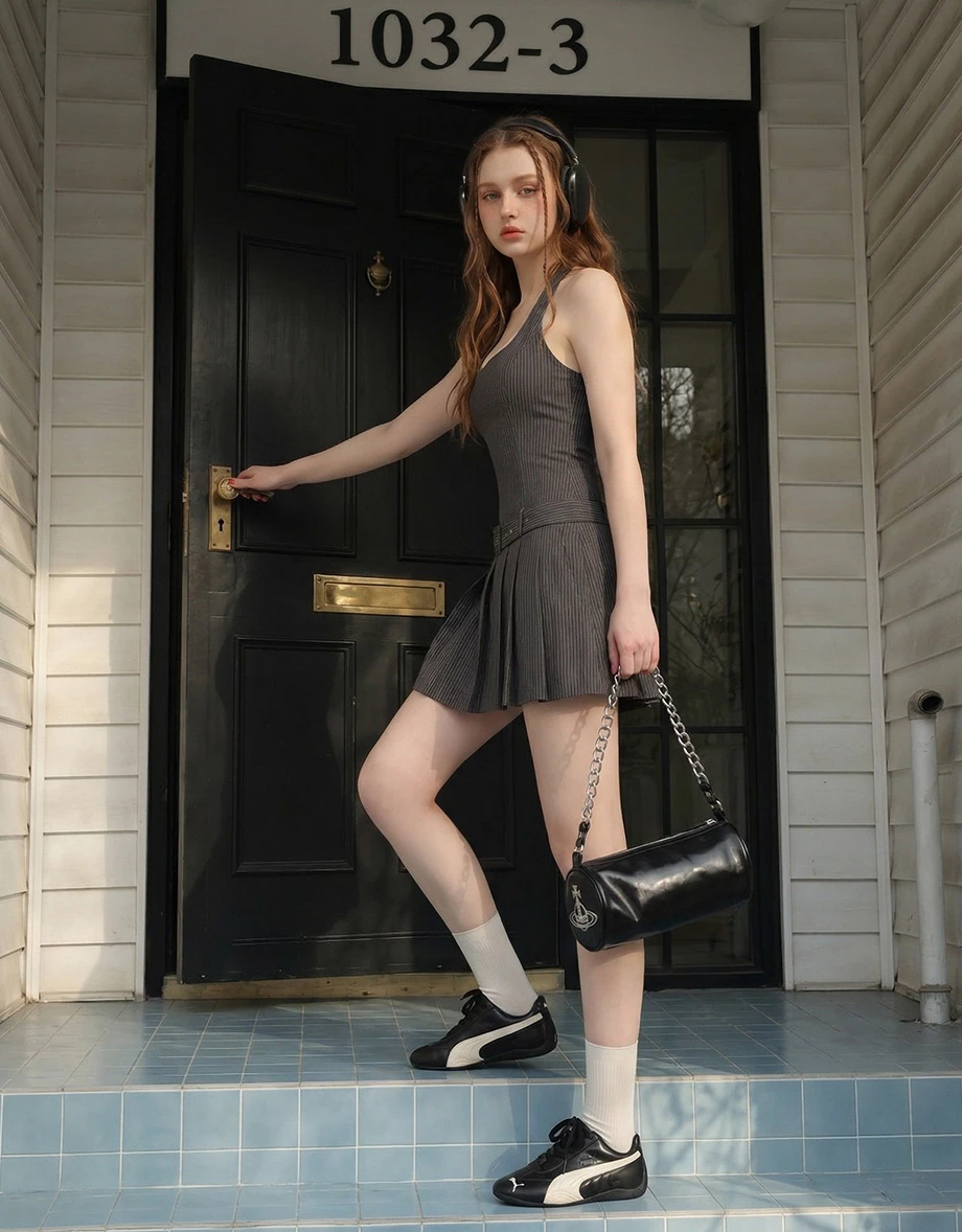 微V領繞頸肩帶條紋百褶短洋裝(附腰帶/附胸墊)