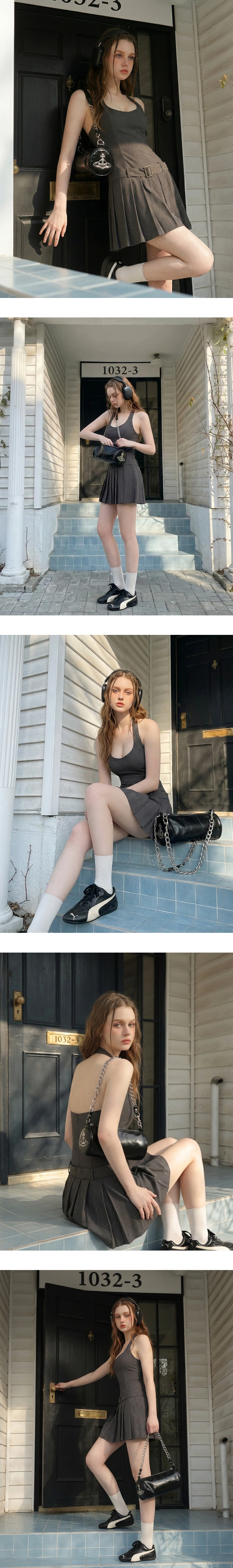 微V領繞頸肩帶條紋百褶短洋裝(附腰帶/附胸墊)