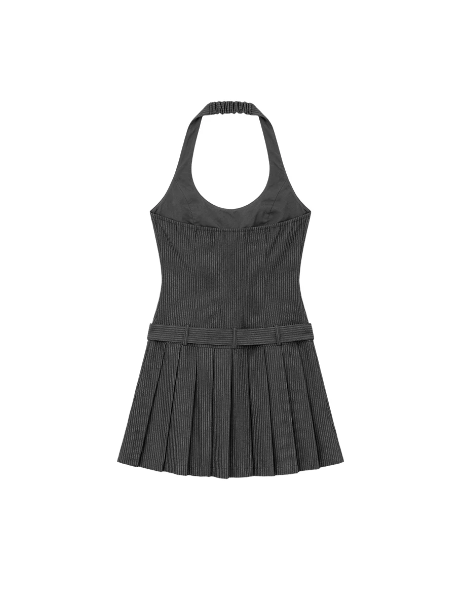 微V領繞頸肩帶條紋百褶短洋裝(附腰帶/附胸墊)