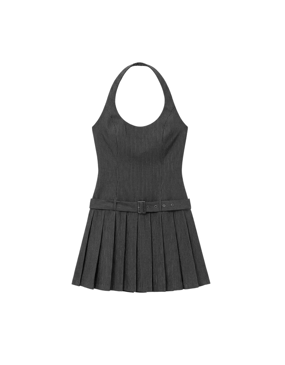 微V領繞頸肩帶條紋百褶短洋裝(附腰帶/附胸墊)