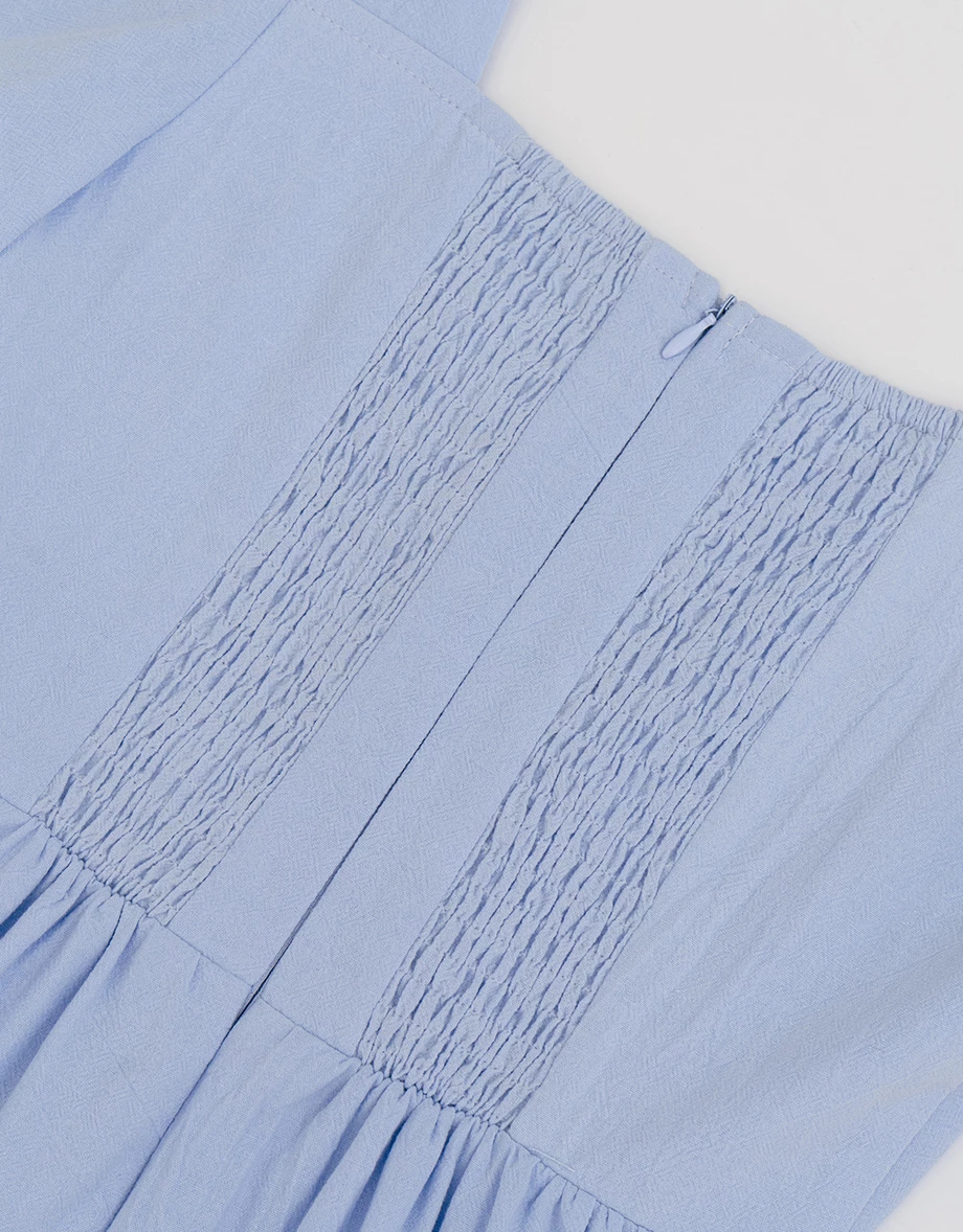 V領排扣澎袖蛋糕長洋裝