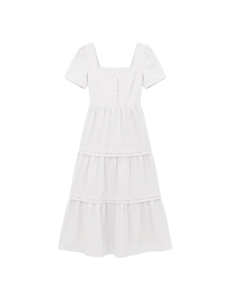 V領排扣澎袖蛋糕長洋裝