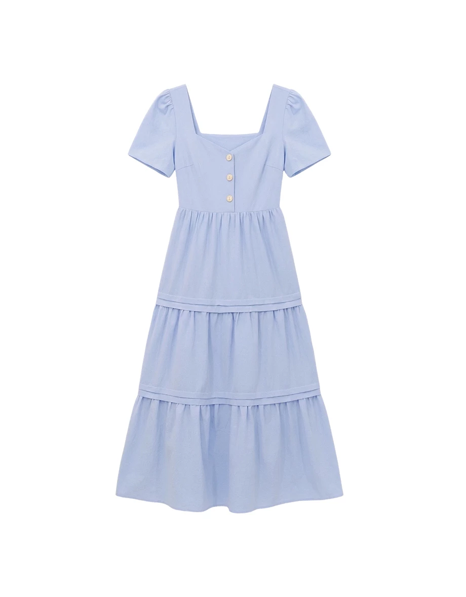 V領排扣澎袖蛋糕長洋裝