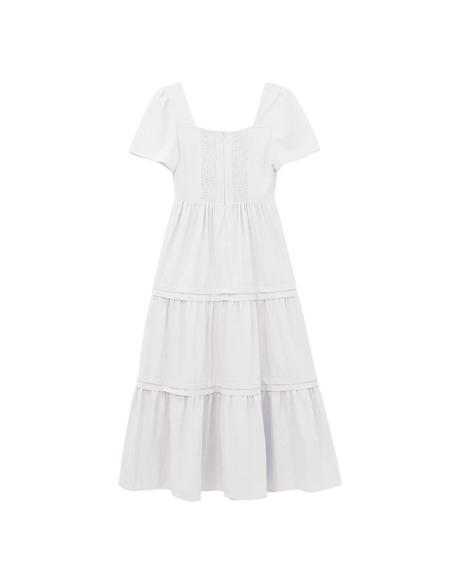 V領排扣澎袖蛋糕長洋裝