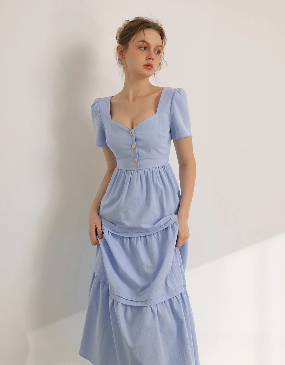 V領排扣澎袖蛋糕長洋裝