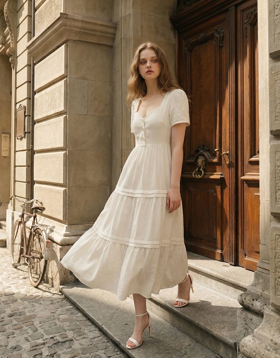 V領排扣澎袖蛋糕長洋裝