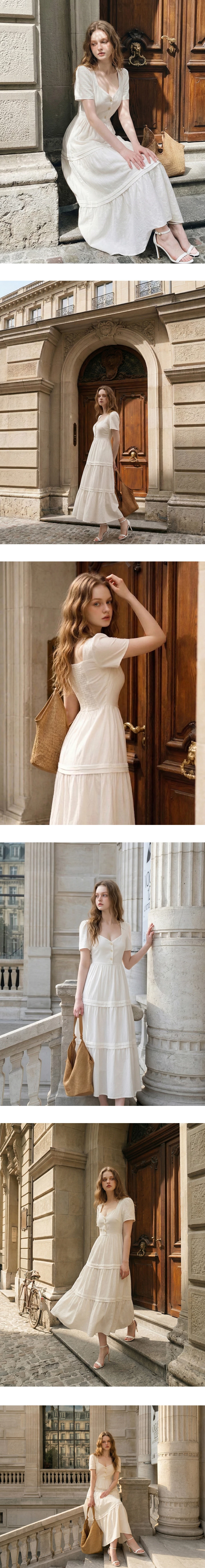 V領排扣澎袖蛋糕長洋裝