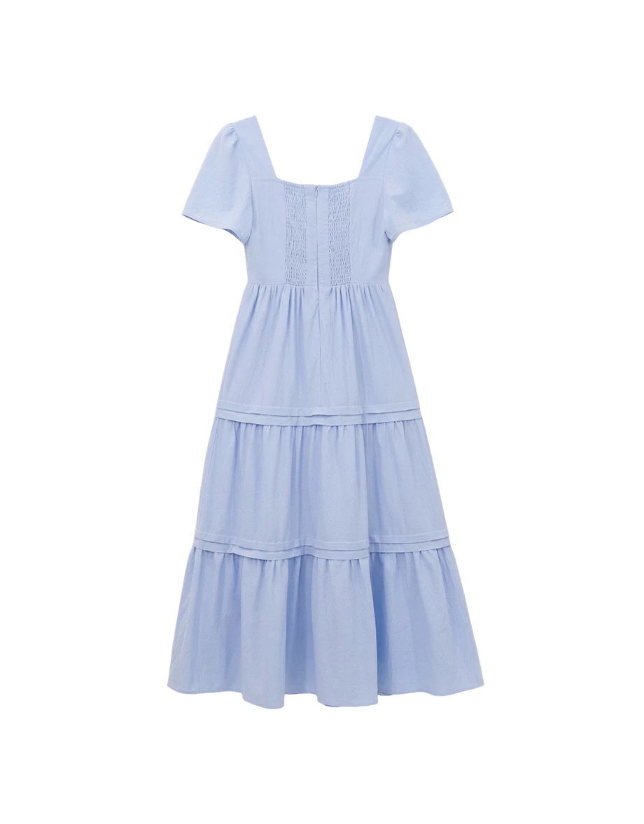 V領排扣澎袖蛋糕長洋裝