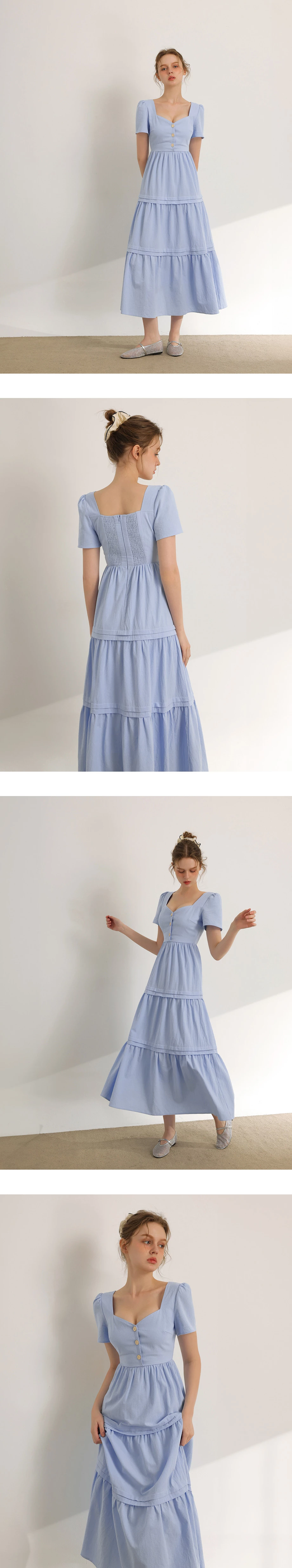 V領排扣澎袖蛋糕長洋裝