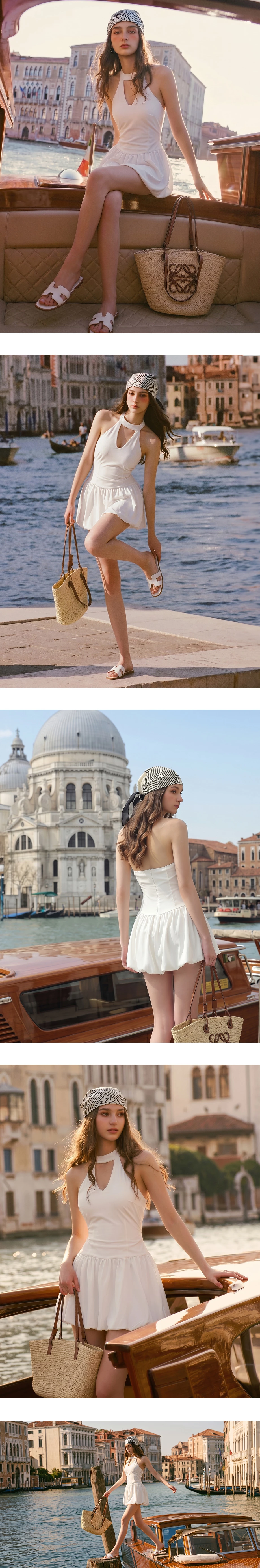 繞頸立領削肩鏤空背心花苞短洋裝(附胸墊)