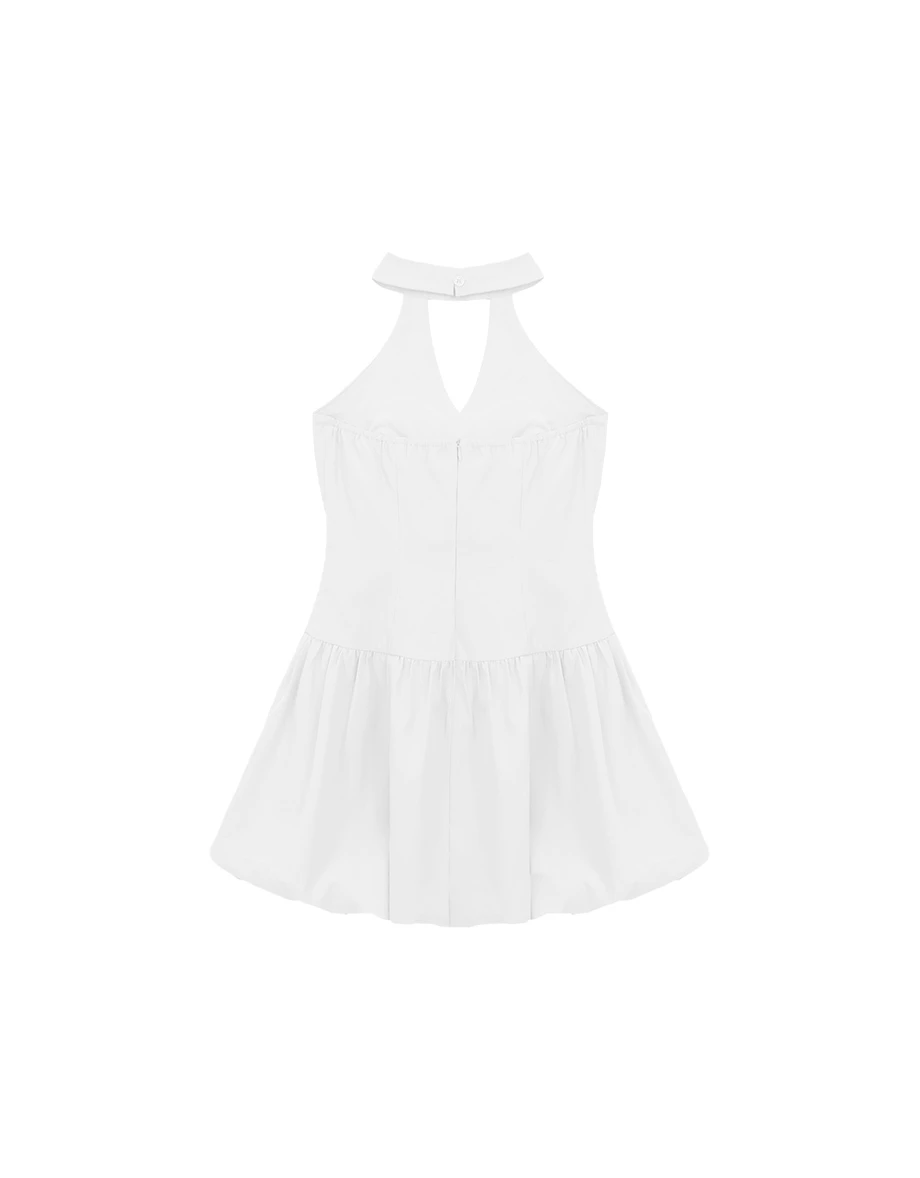 繞頸立領削肩鏤空背心花苞短洋裝(附胸墊)