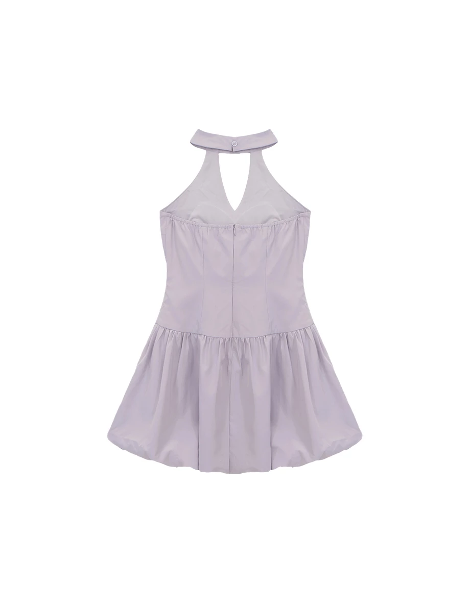 繞頸立領削肩鏤空背心花苞短洋裝(附胸墊)