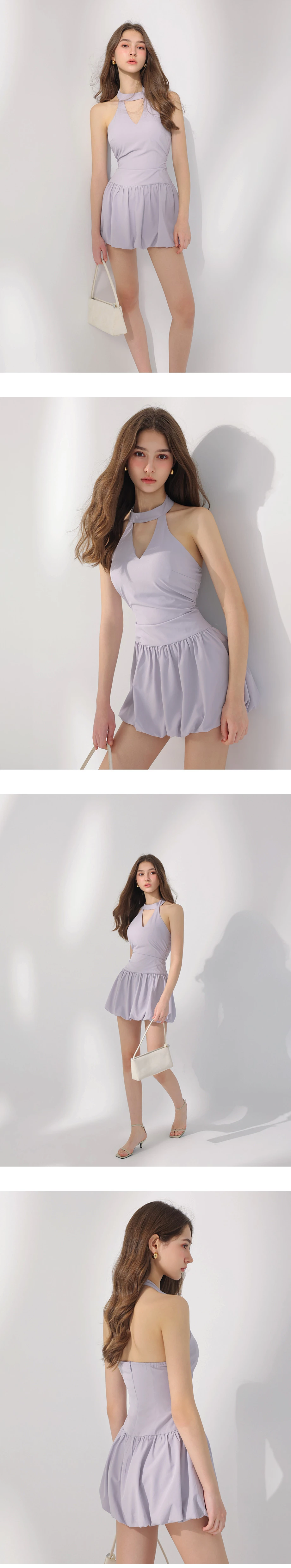 繞頸立領削肩鏤空背心花苞短洋裝(附胸墊)